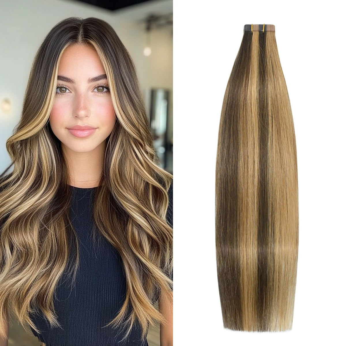 Highlight Chocolate Brown Caramel Blonde Tape-In Hair Extensions - Human Hair