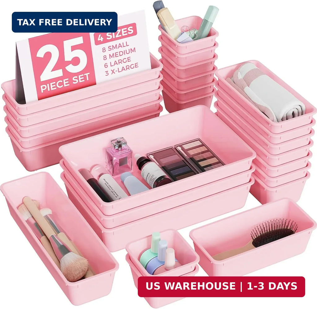 4-Sizes Plastic Drawer Organizers Set — Vanity & Makeup Storage, 25 pcs