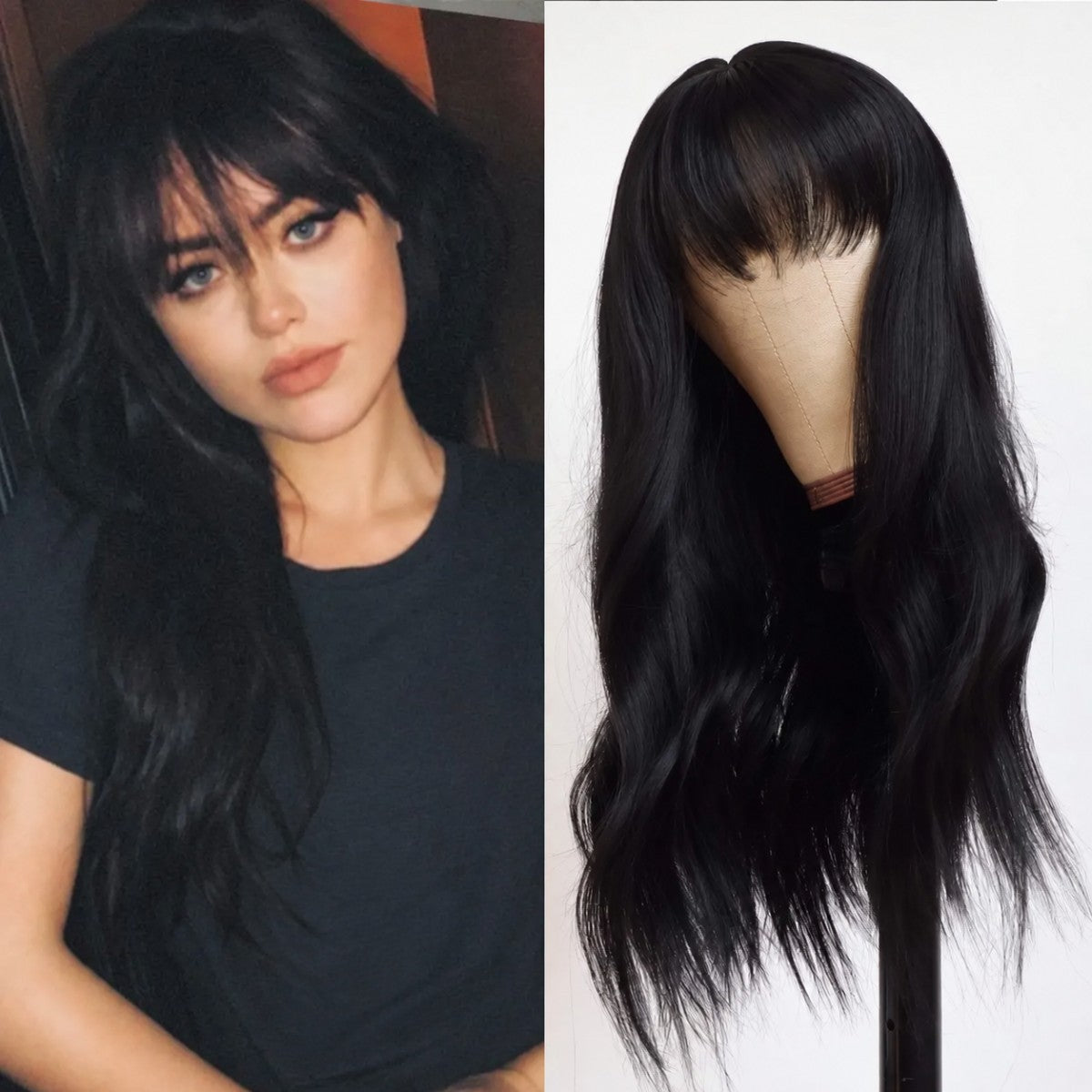 Long Wavy Black Synthetic Wig with Bangs - Wear and Go Cosplay Hair