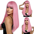 Pink Wig with Bangs - Long Straight 22 Inch Synthetic Hair for Women