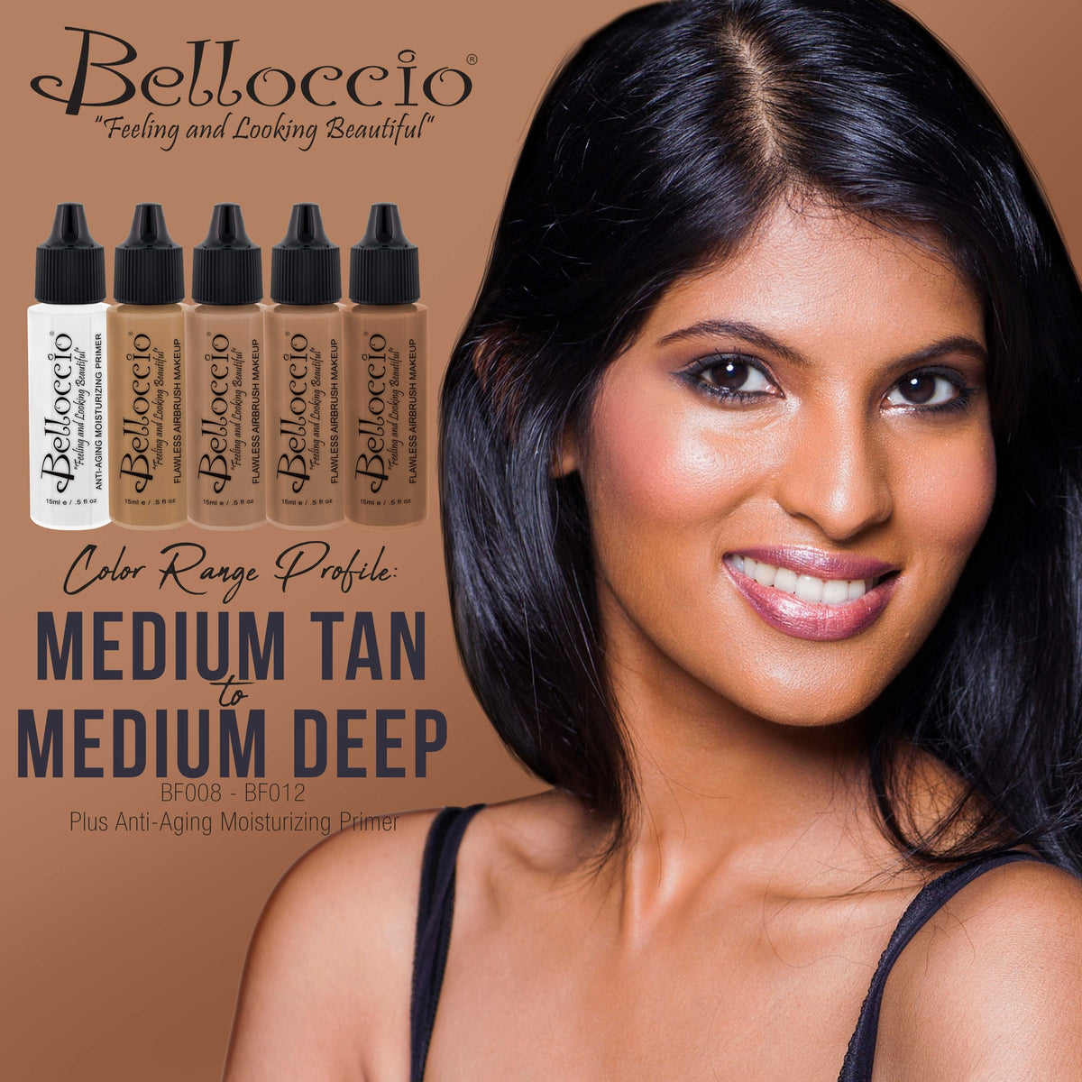 Airbrush Foundation Set for Tan Skin Tones – 4 1/2 oz Foundations + Anti-Aging Primer & Sunless Tanner