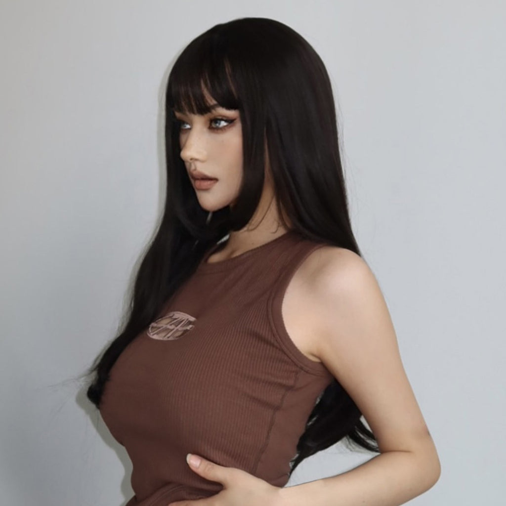 Black Synthetic Wig with Bangs - Long Straight Cosplay Hair for Beginners