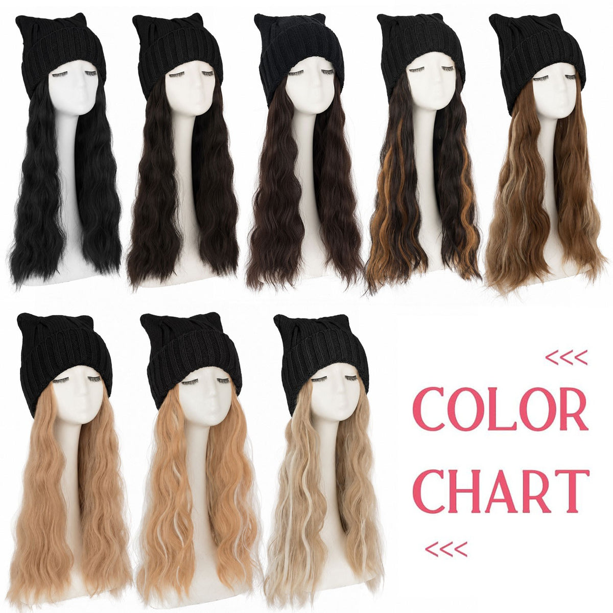 Women’s Winter Cat Ear Knit Hat Wig with Long Water Wave Synthetic Hair - All Colors