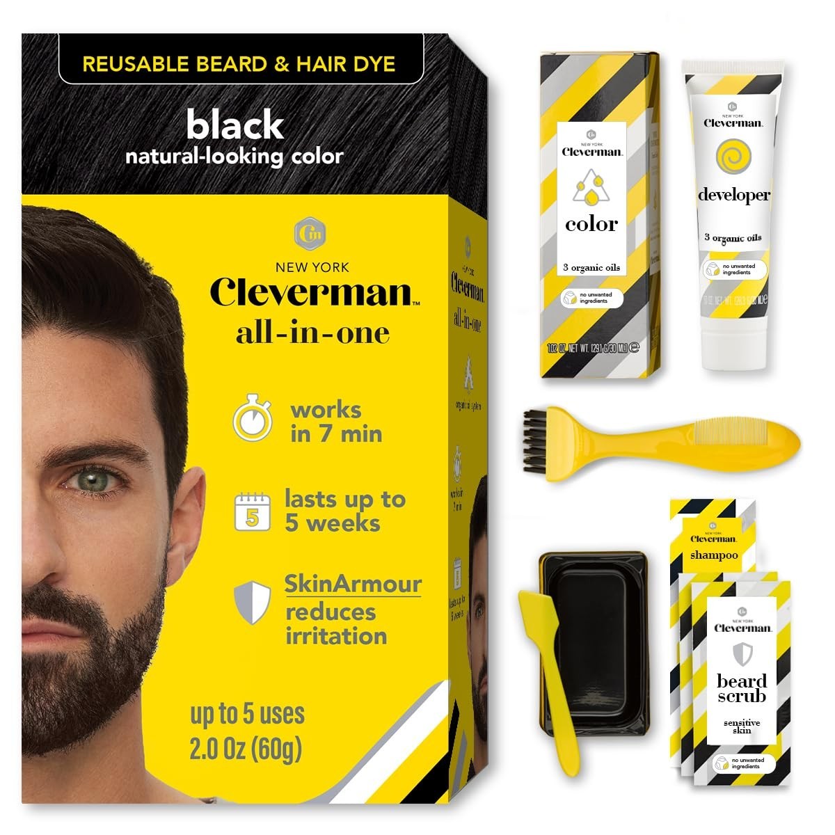 Reusable Hair & Beard Dye Kit for Men Black 1.0 Gray Coverage No-Drip Cream