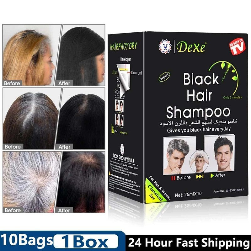 Black Hair Color Shampoo 10/50 Pack Natural Herbal Hair Dye & Restorer