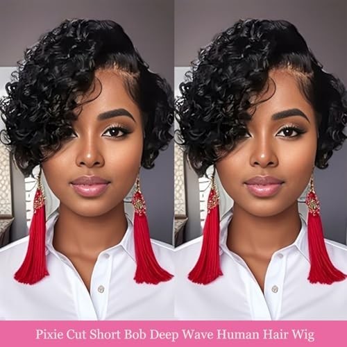 Deep Wave Lace Front Wig with Short Bob Style 13x4 Human Hair Pixie Cut