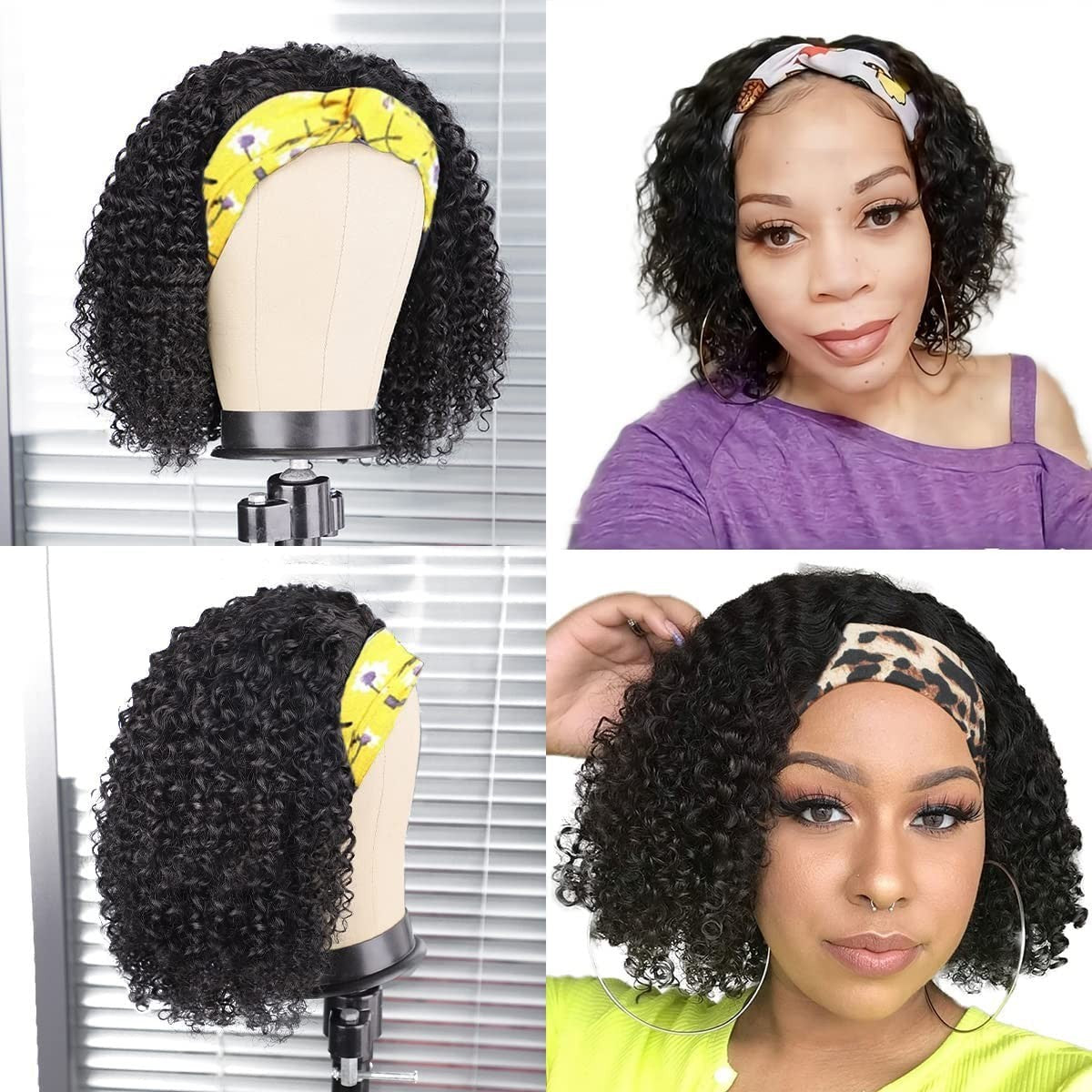 12 Inch Human Hair Deep Wave Curly Headband Wig No Lace Glueless Brazilian Virgin