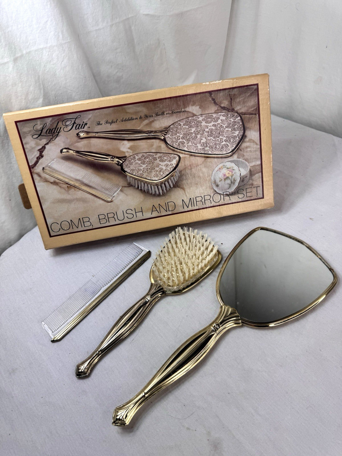 Vintage Brass Dresser Set with Mirror, Comb & Brush - Lady Fair