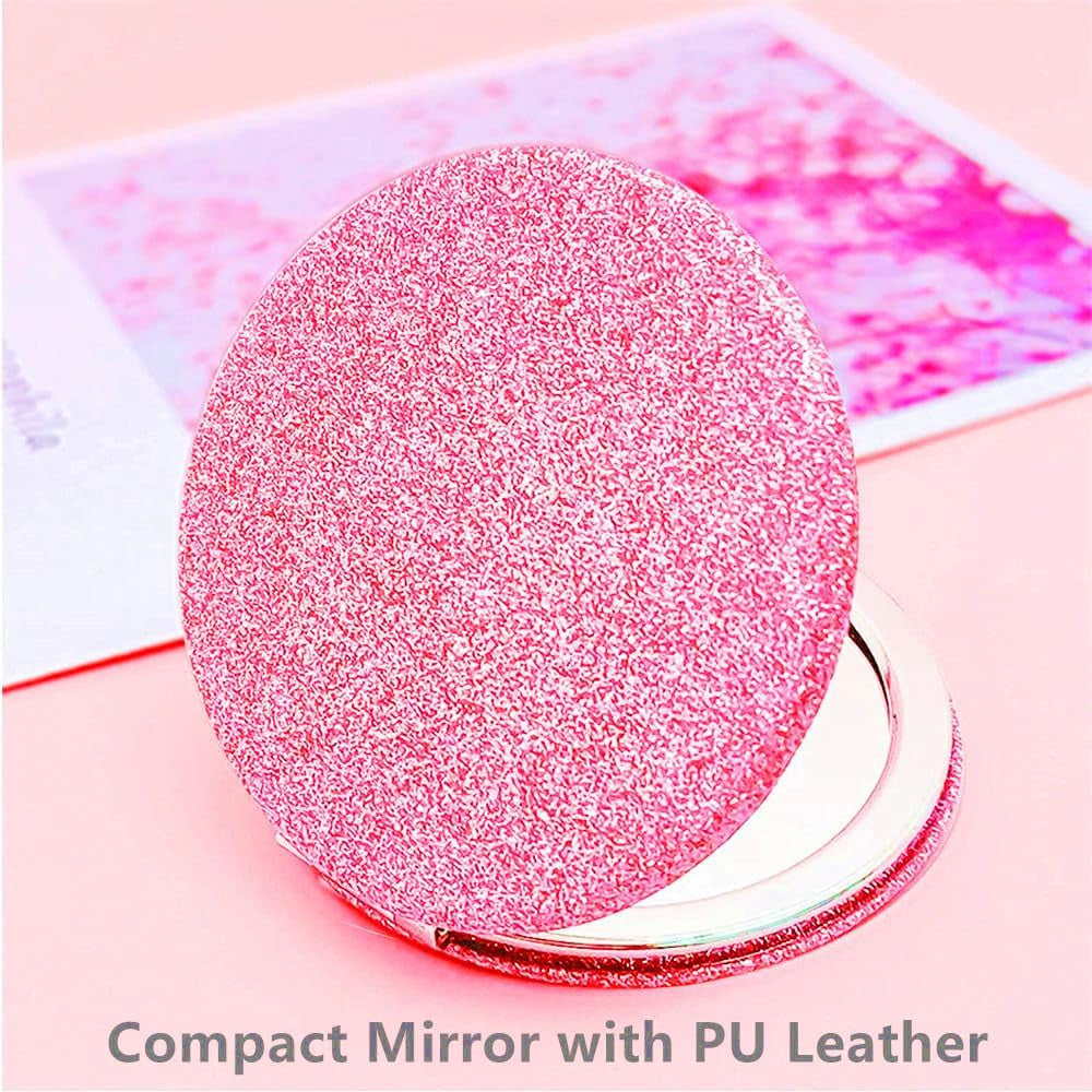 Pink Compact Travel Mirror with 1X & 2X Magnification - Folding Pocket Makeup Mirror