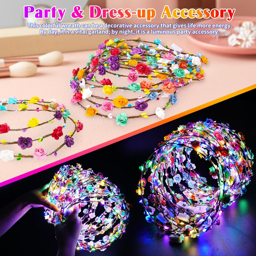 LED Flower Crown Headbands – 24 Pack Light Up Hair Accessories for Kids & Adults