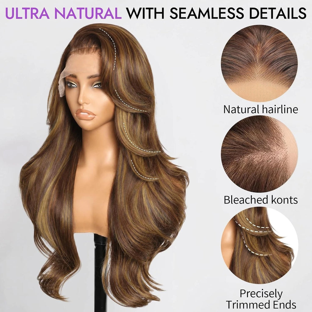 Long Human Hair Wigs with 13x4 HD Lace Front and Brown Highlights - Glueless Style