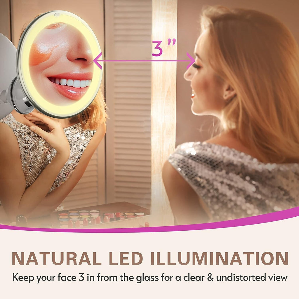 Lighted 10X Magnifying Makeup Mirror with LED Brightness & Rotatable Suction Base