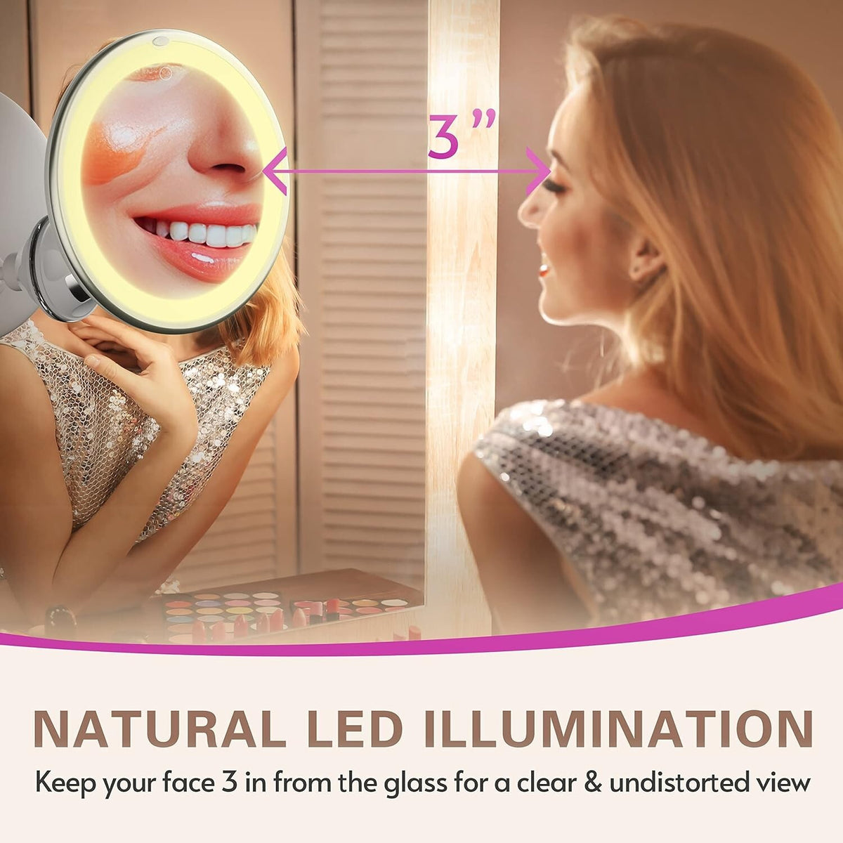 Lighted 10X Magnifying Makeup Mirror with LED Brightness & Rotatable Suction Base