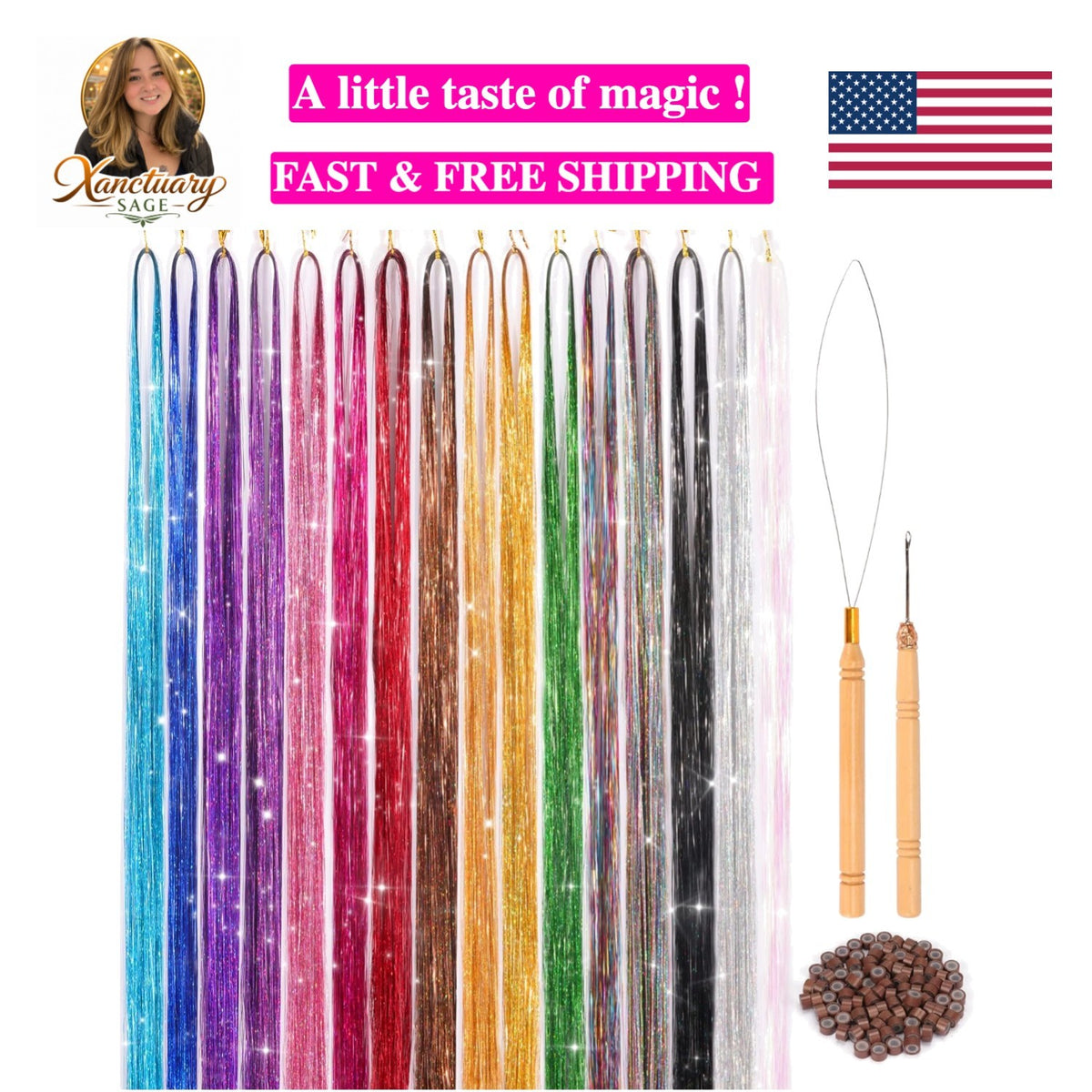 16-Color Hair Tinsel Kit - 48 Inch Sparkling Hair Extensions for Festivals & Events