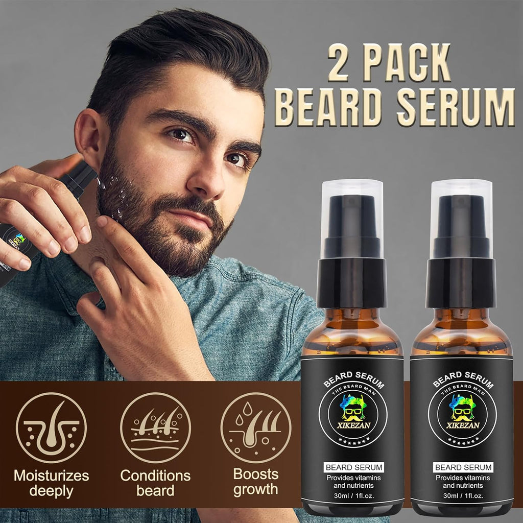 Men's Beard Grooming Kit with Serum Oil Balm & Tools - Complete Care Set