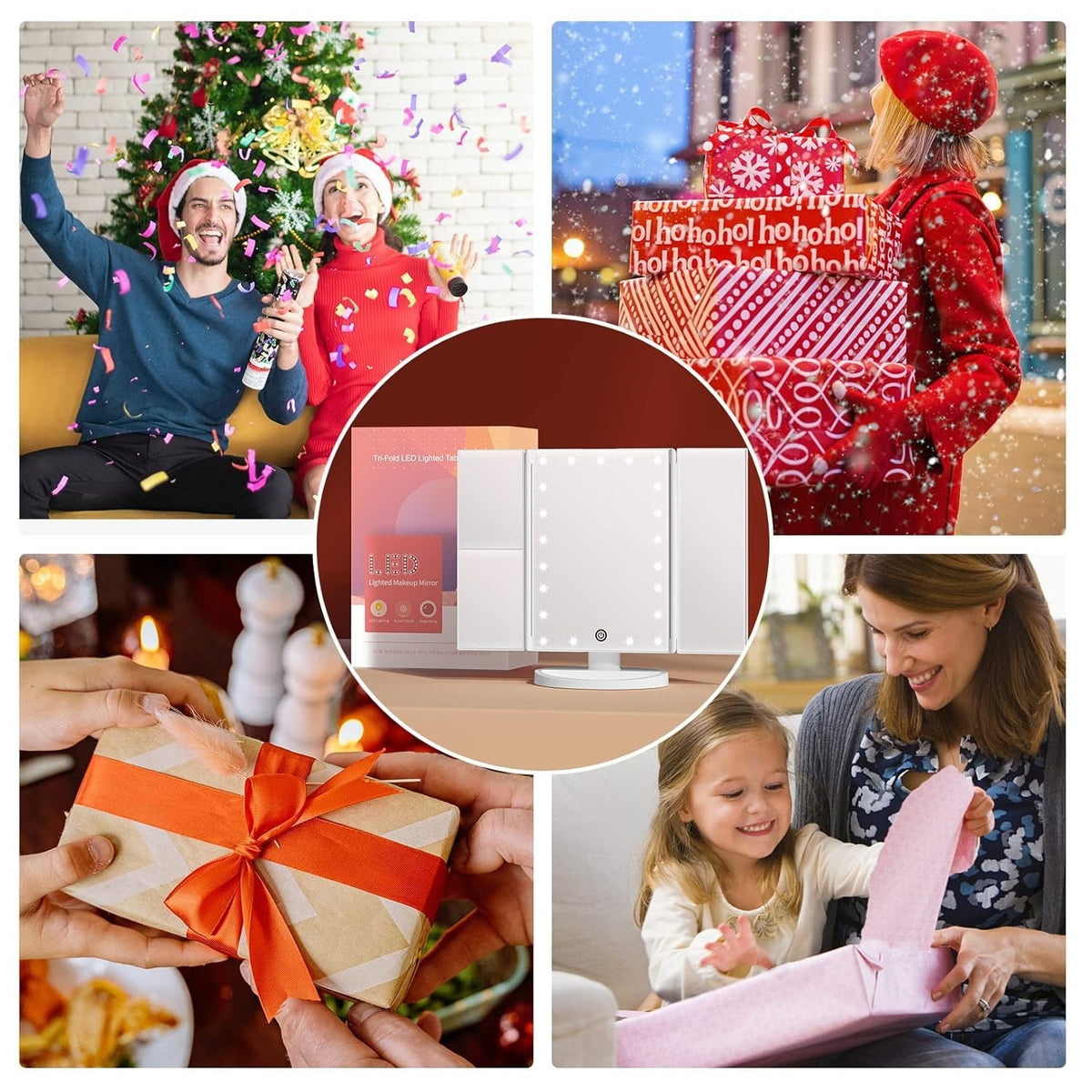 Tri-Fold Lighted Makeup Mirror with LED Lights and Touch Dimming