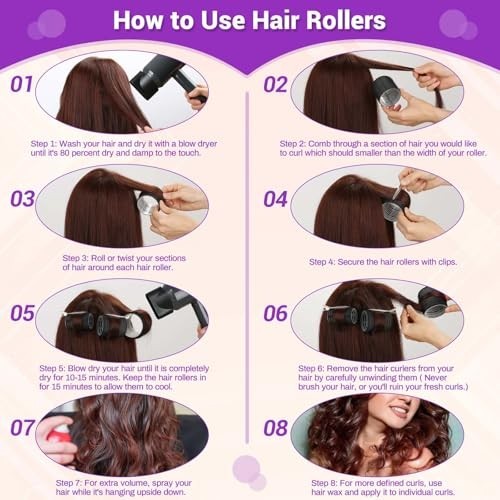 Hair Curlers Set with 24 Self-Grip Rollers & Clips for Voluminous Waves