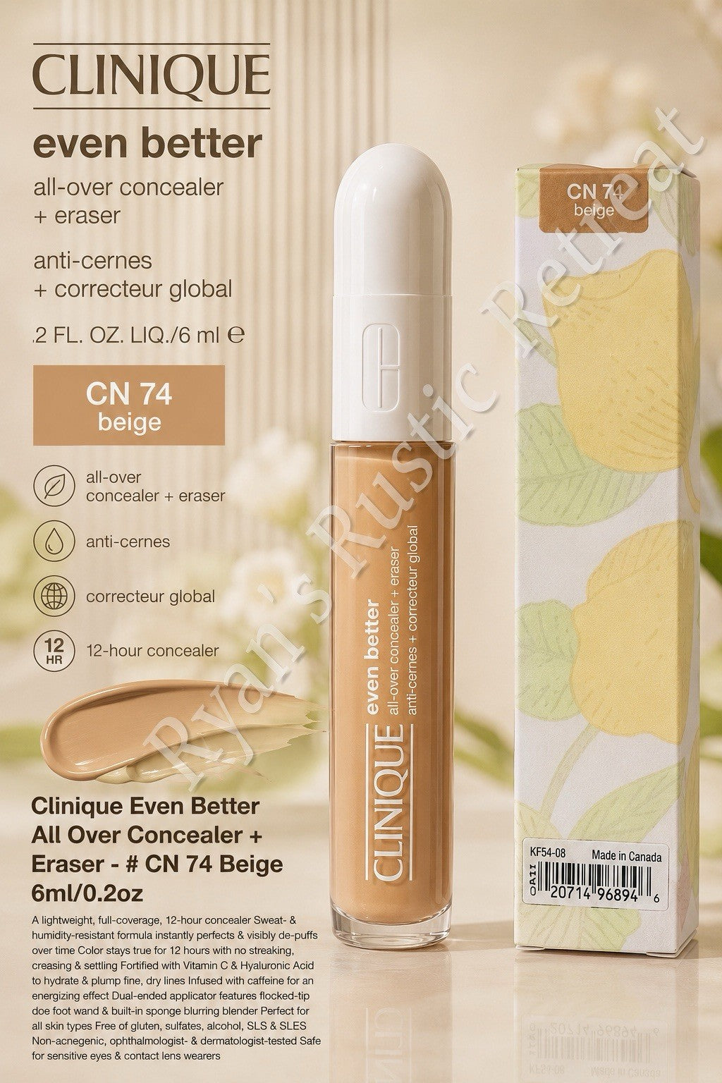 Concealer + Eraser, 0.2 oz, CN 74 Beige – Full Size, New