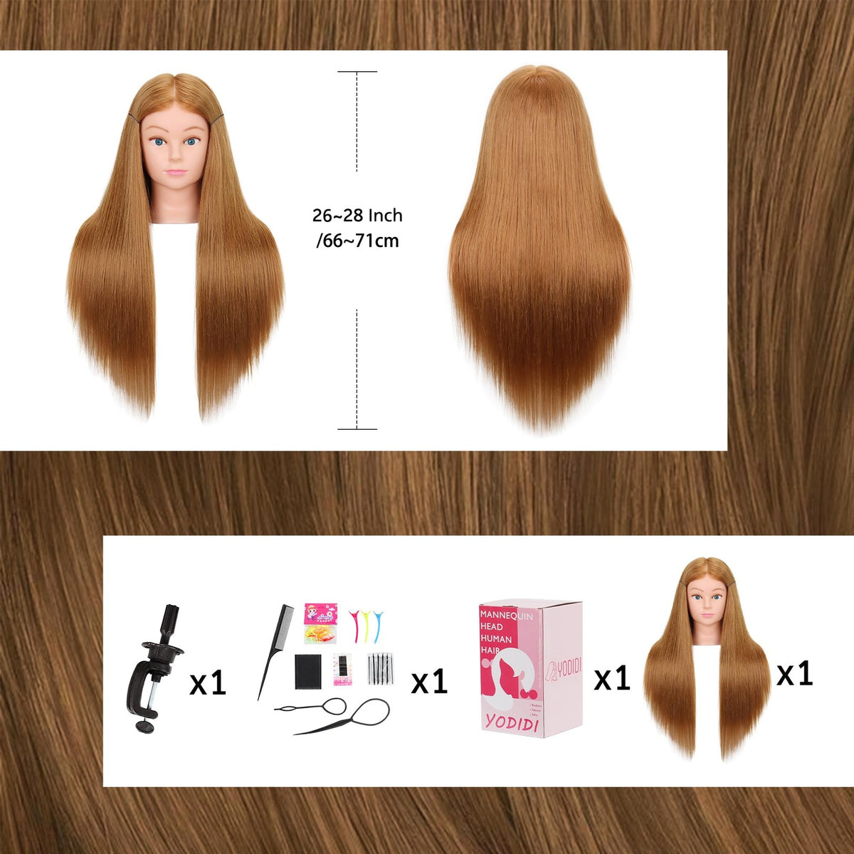 Human Hair Mannequin Head for Cosmetology & Hair Styling - 26-28 Inches, Brown/Blonde
