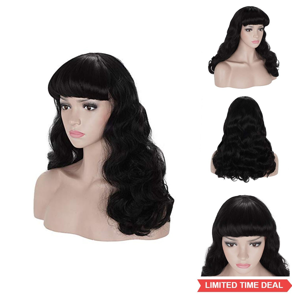 Vintage 50s Wavy Black Wig with Bangs for Cosplay & Retro Looks