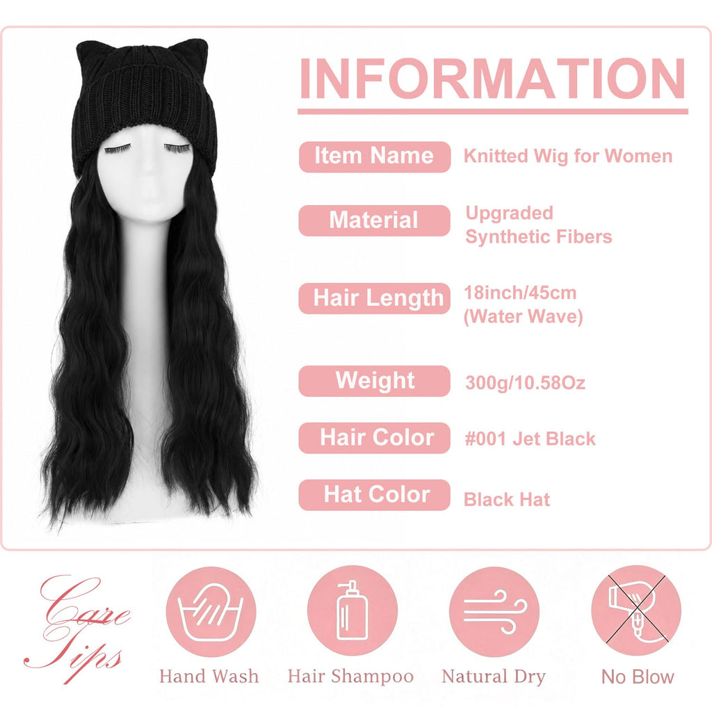 Women’s Winter Cat Ear Knit Hat Wig with Long Water Wave Synthetic Hair - All Colors