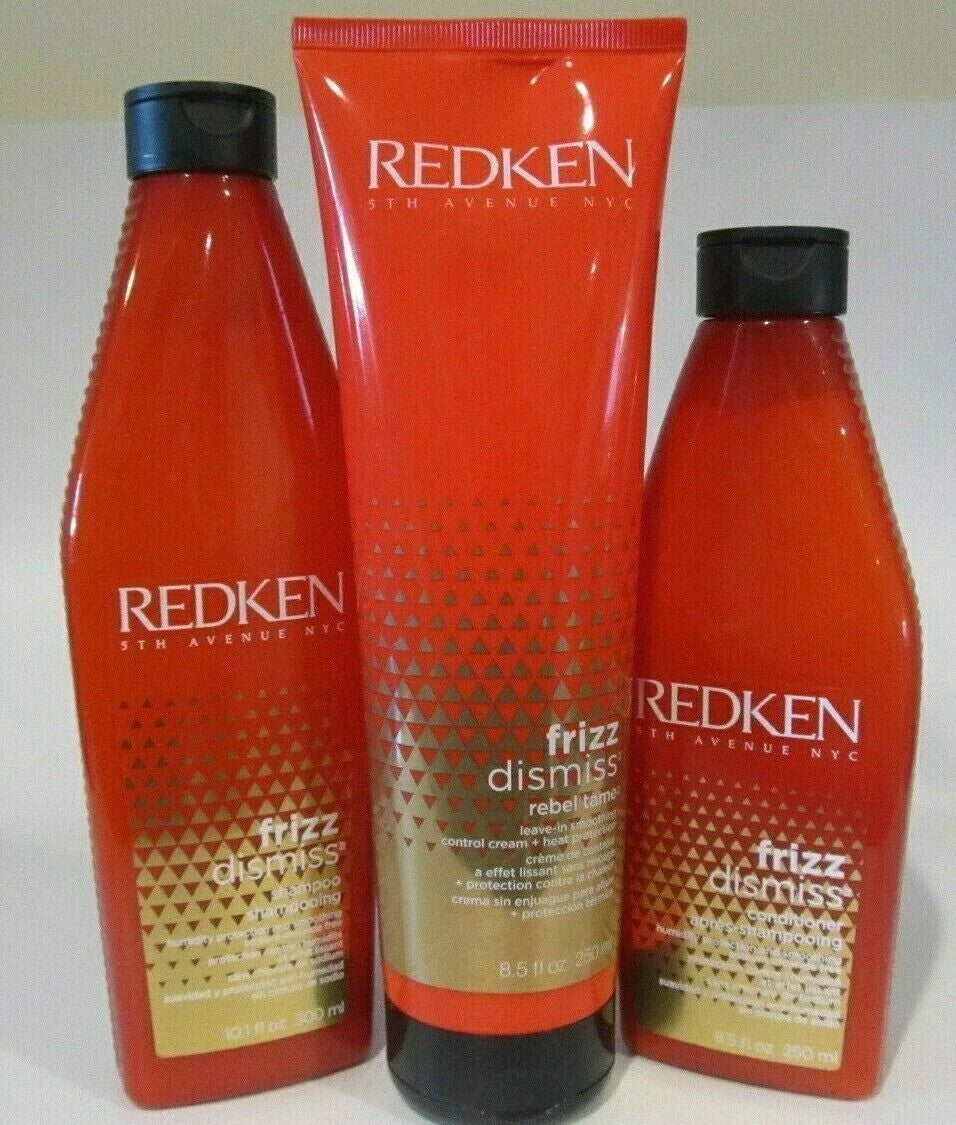 (Set of 3) Redken Frizz Dismiss Shampoo Conditioner & Rebel Tame Heat Protectant