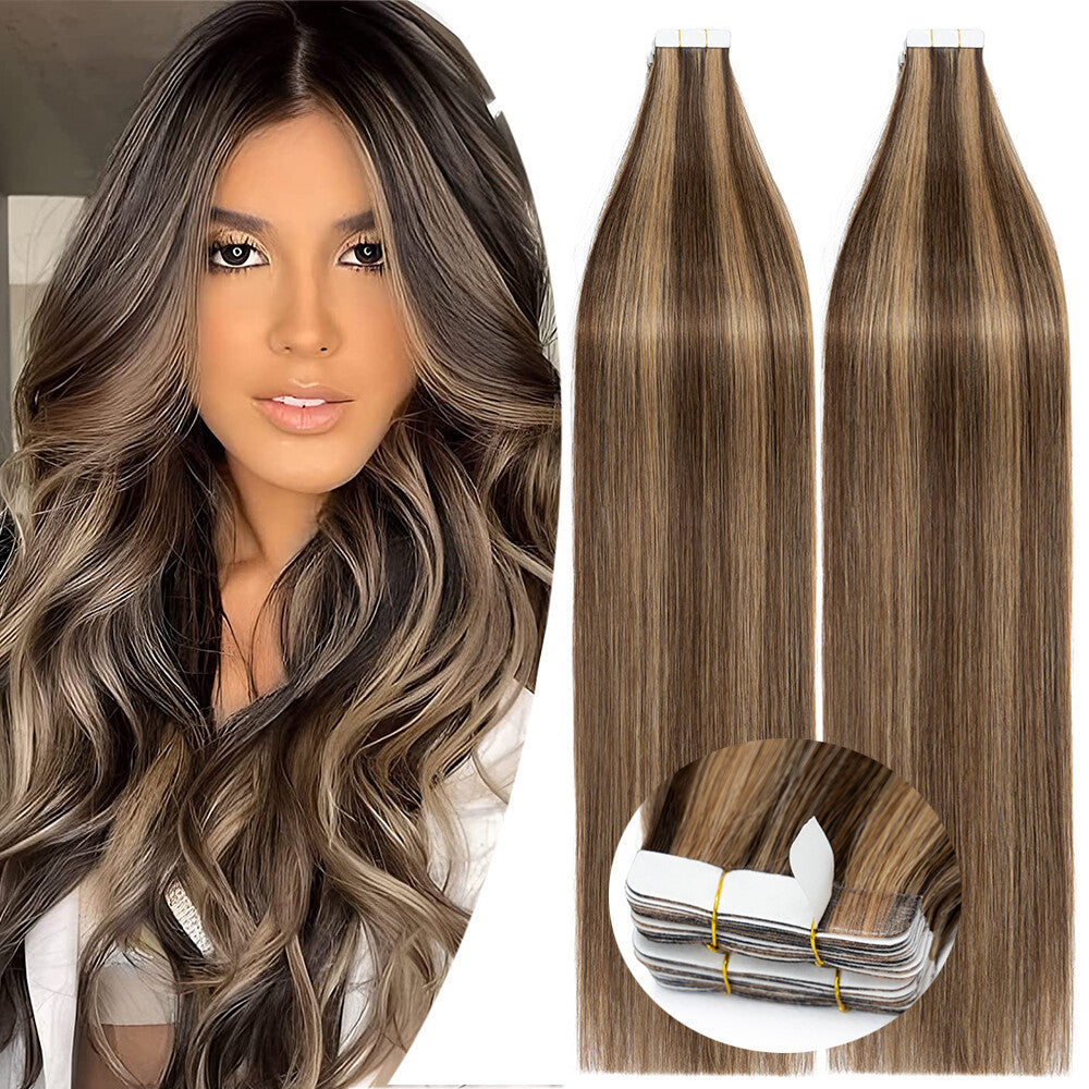 Russian Tape-In Human Hair Extensions - Thick Remy Hair, Multiple Colors & Lengths