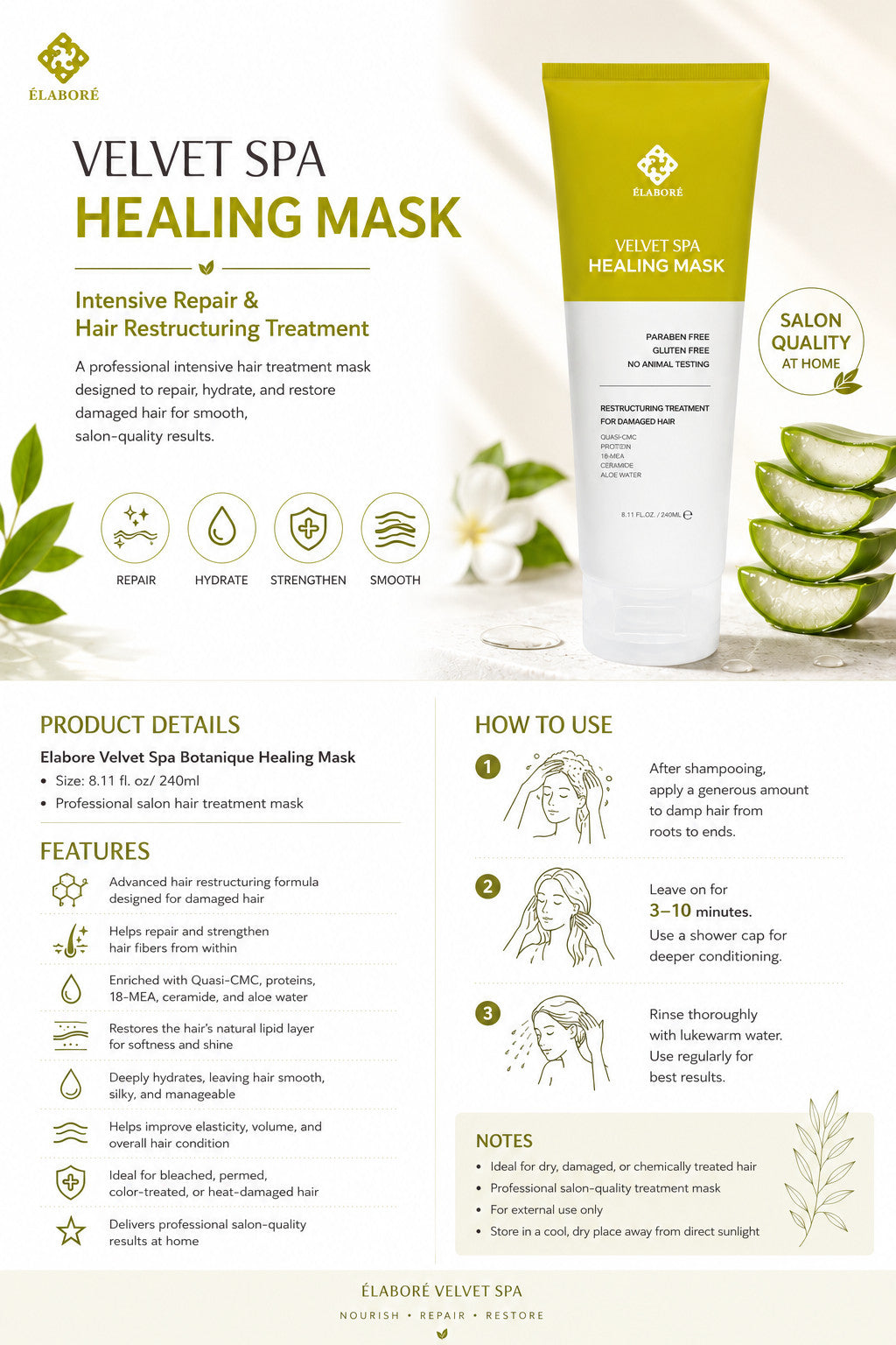 Elabore Velvet Spa Healing Hair Mask - Professional Salon Treatment, 8.11 fl oz