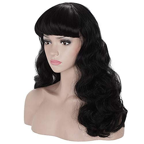 Vintage 50s Wavy Black Wig with Bangs for Cosplay & Retro Looks