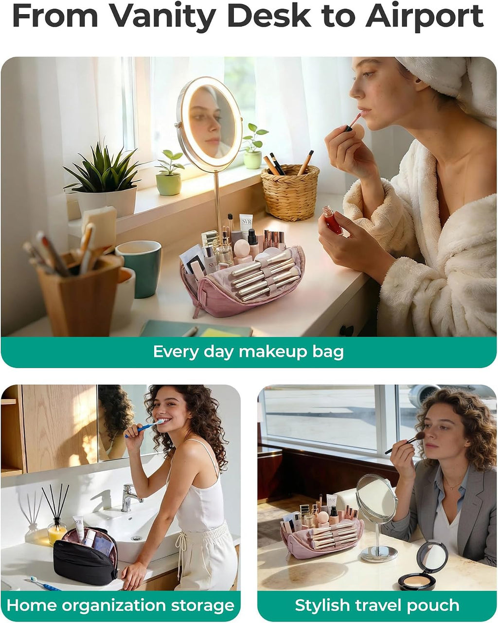 Travel Makeup Bag with Wide Fold-Down Organizer for Women