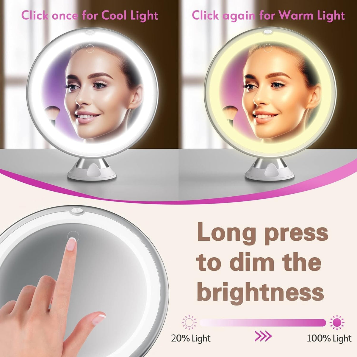 Lighted 10X Magnifying Makeup Mirror with LED Brightness & Rotatable Suction Base