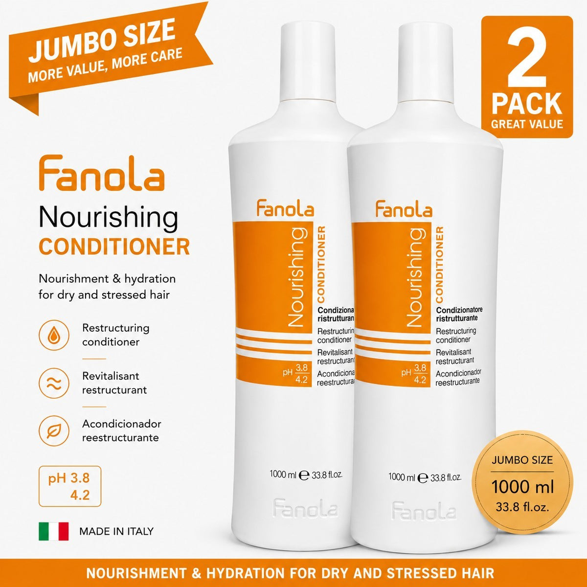 Fanola Nourishing Hair Conditioner 2 Pack 1000ml Deep Hydrating Repair