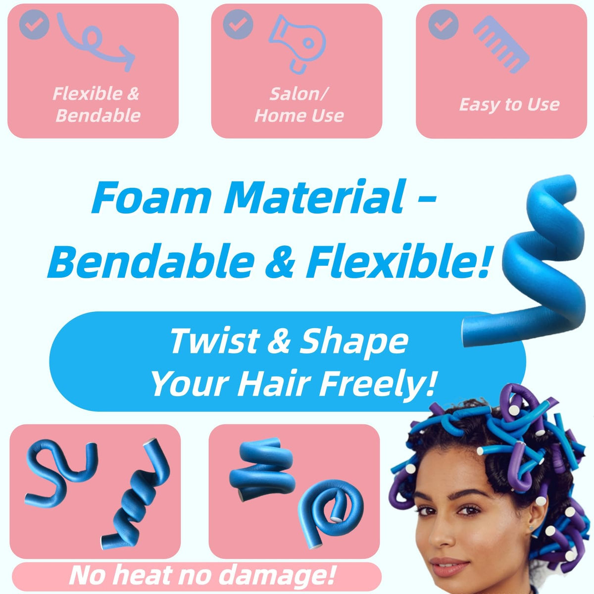 10 Pcs Flexible Hair Curling Rods - Soft Foam Curlers for Women and Girls, Blue