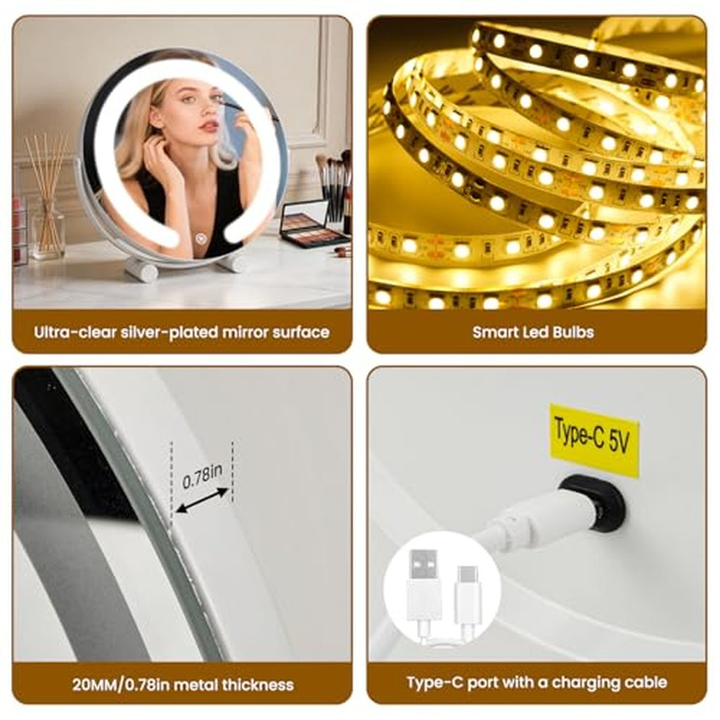 Vanity Mirror with Lights 12” LED Makeup Mirror with 3-Color Dimmable Lighting