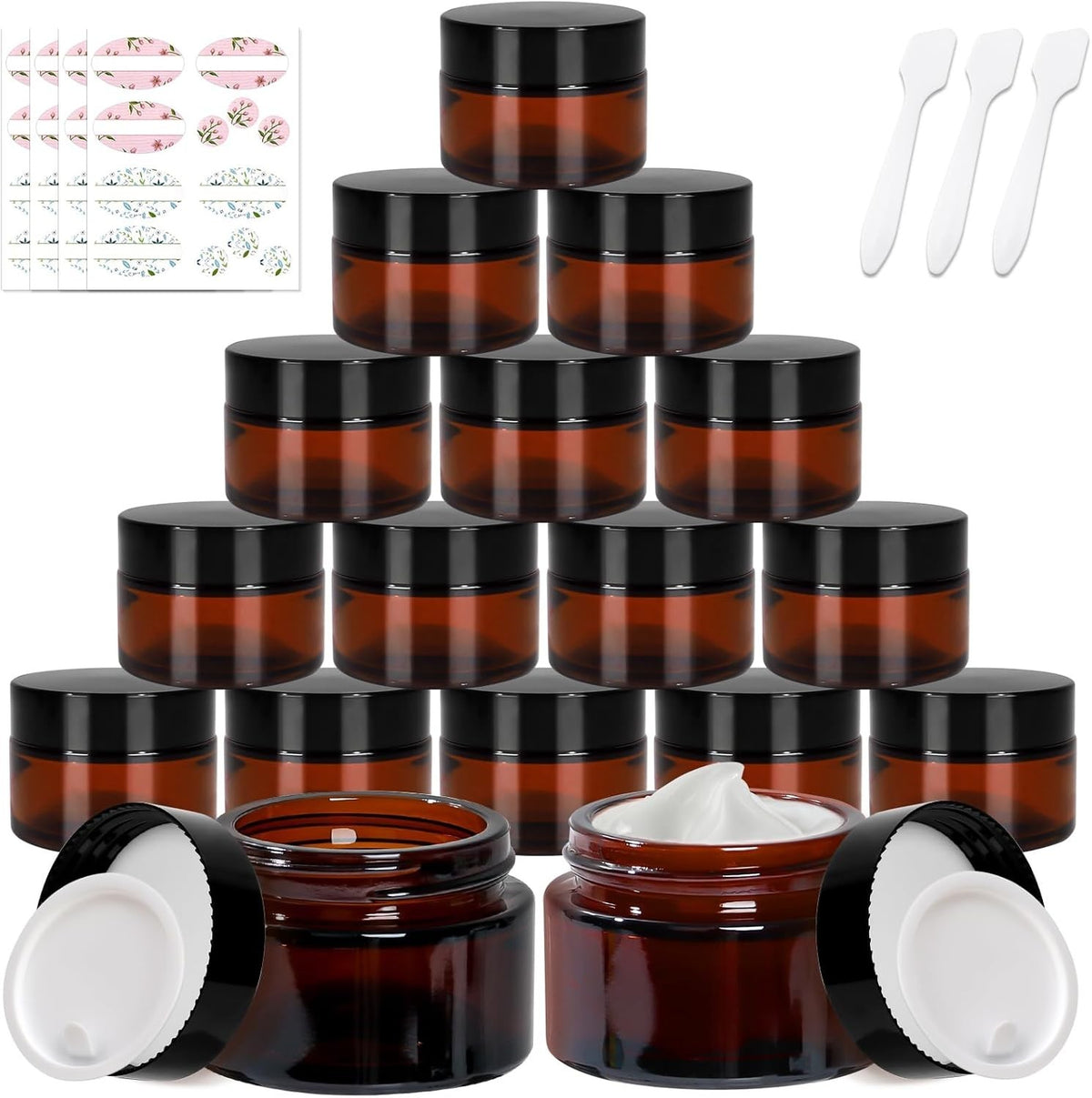 1 oz Amber Glass Jars with Black Lids – 24 Pack Cosmetic Storage Containers