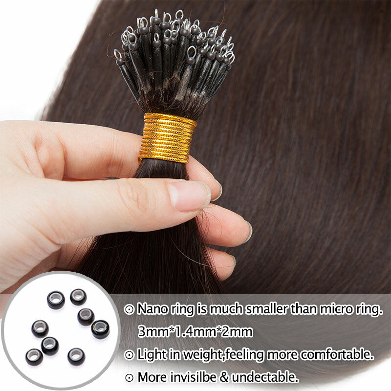 300PCS Human Hair Extensions Nano Ring Beads 16-22in Thick Remy Hair