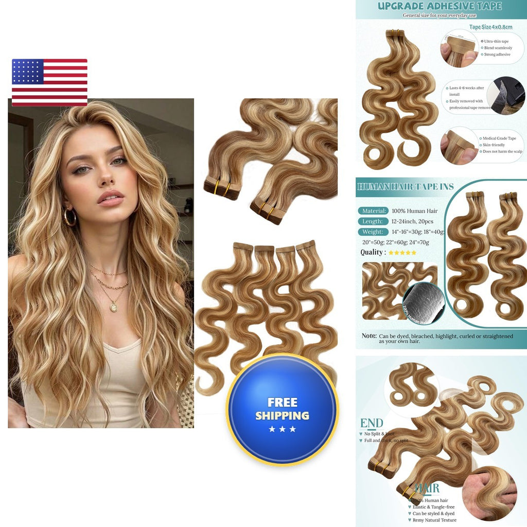 Human Hair Tape-In Extensions 18 Inch Curly Honey Blonde 20pcs