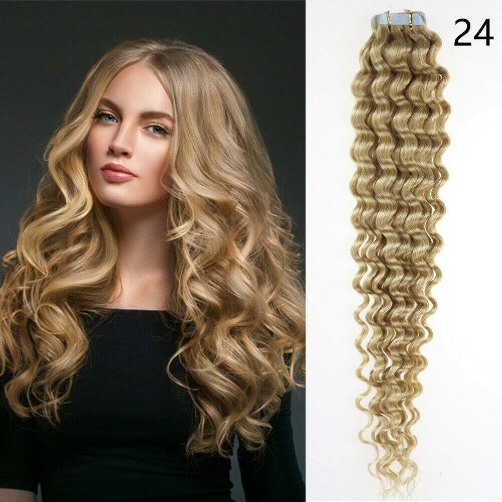 Remy Human Hair Extensions Seamless Tape-In Wefts 18 Inch Curly & Straight
