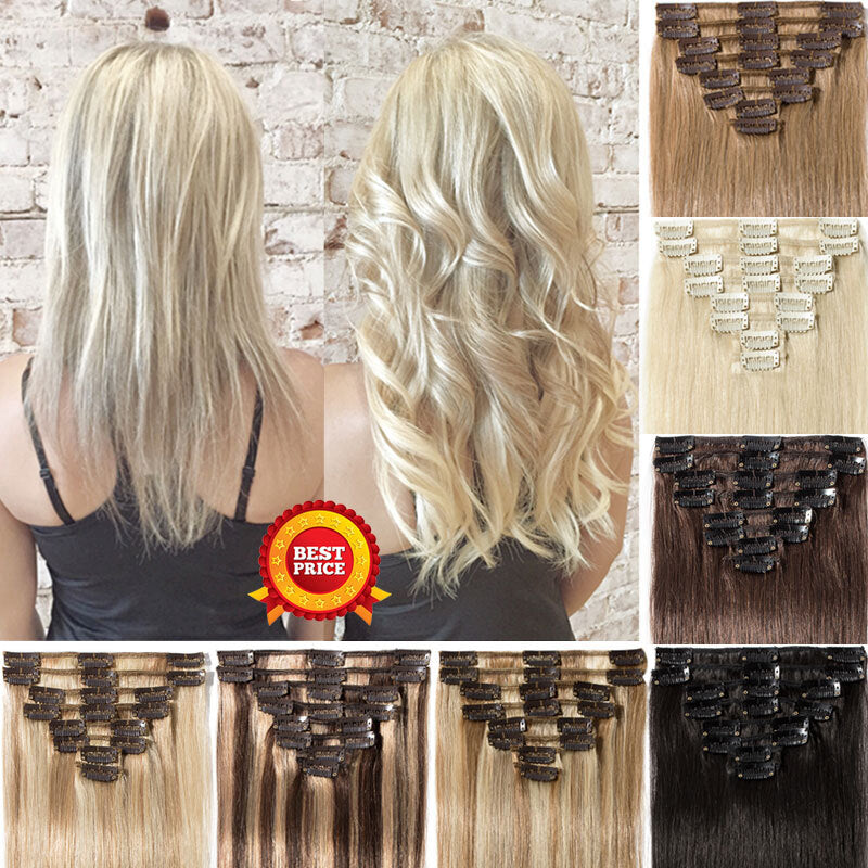 Double Drawn Human Hair Extensions Full Head Clip-In Weft Set - Brown