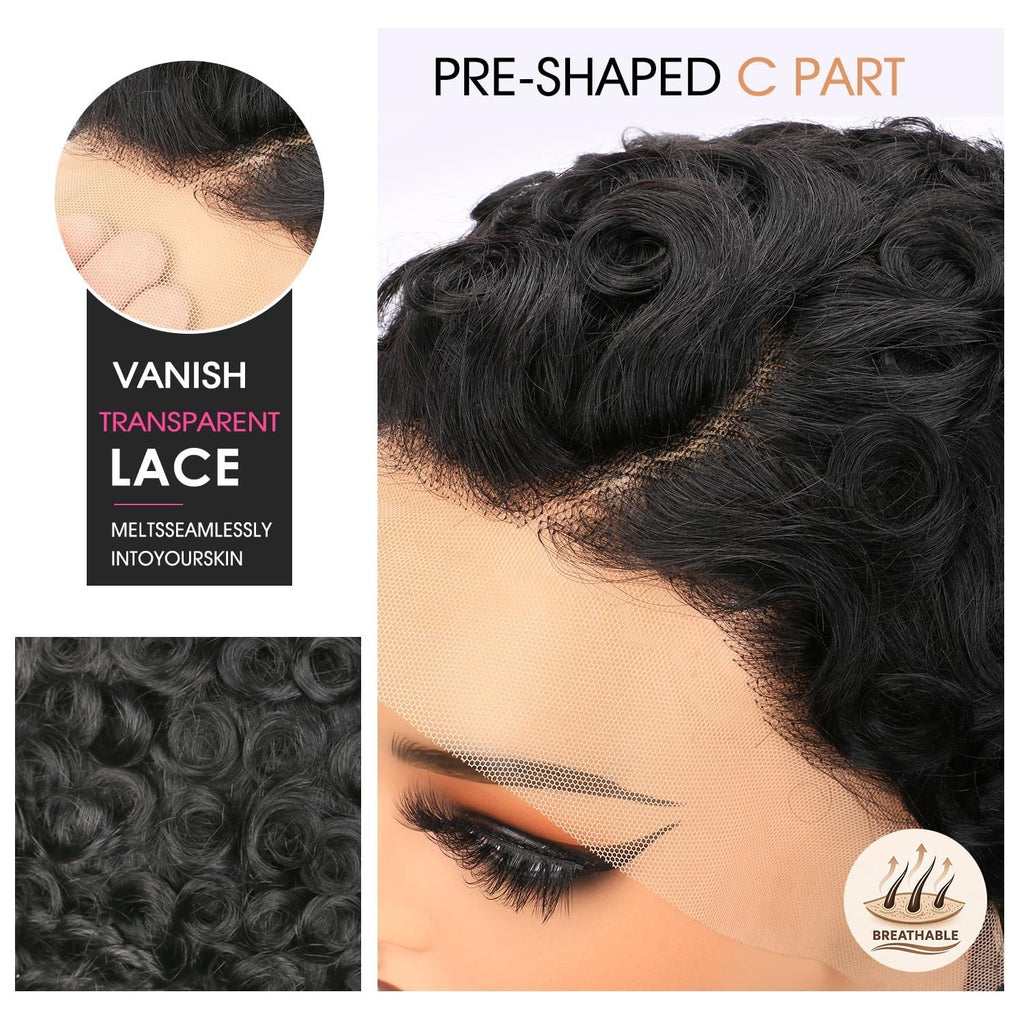 Short Curly Pixie Wig 13x4 Lace Front Human Hair Natural Black Style