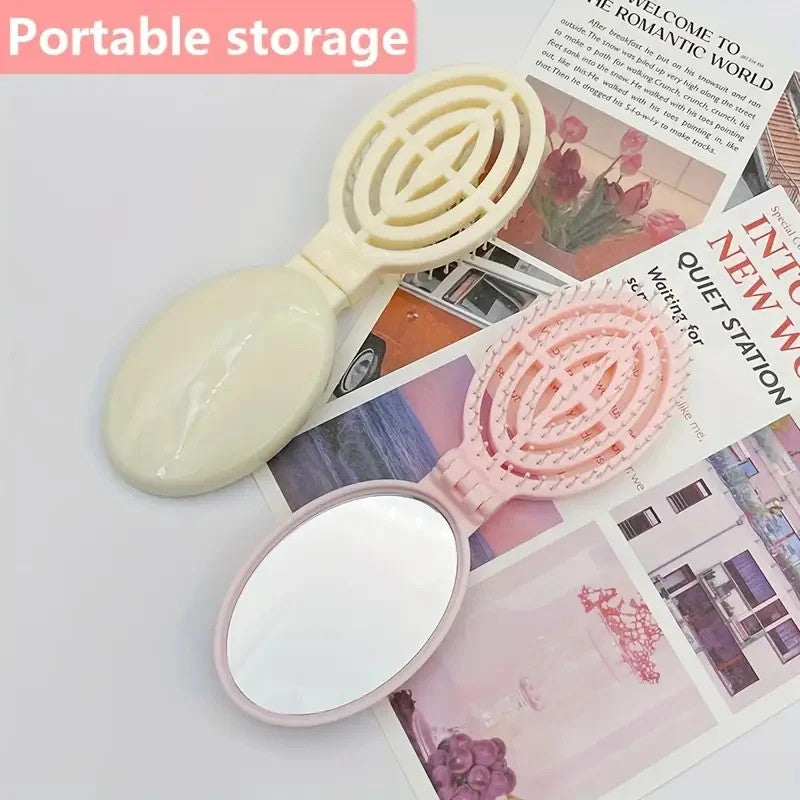 Portable Folding Hair Brush Comb with Mirror - Travel Friendly and Lightweight