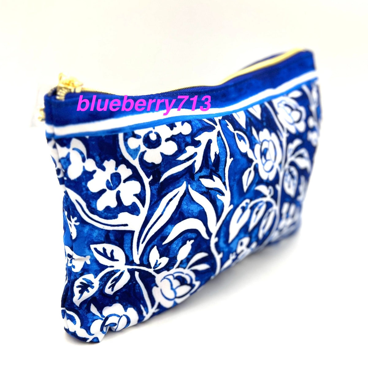 2 Pack Makeup Bags with Zipper - Blue & White Flower Print Cosmetic Storage