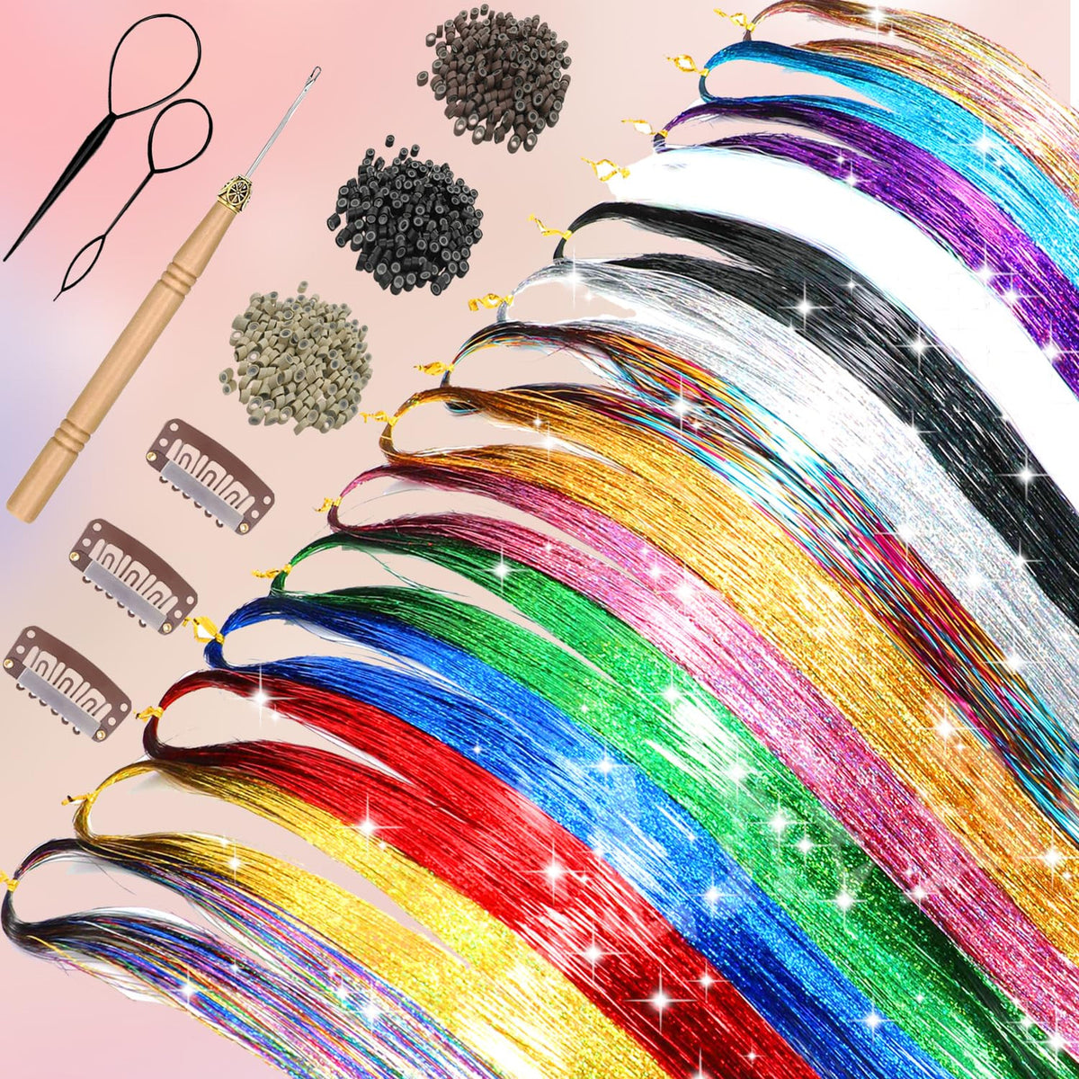 16-Color Hair Tinsel Kit with 7600 Strands for Women & Girls - Fairy Hair Extensions