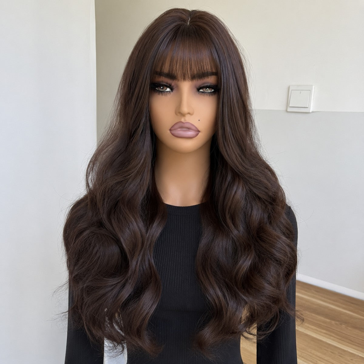 Dark Brown Long Wavy Heat-Resistant Cosplay Wig with Bangs