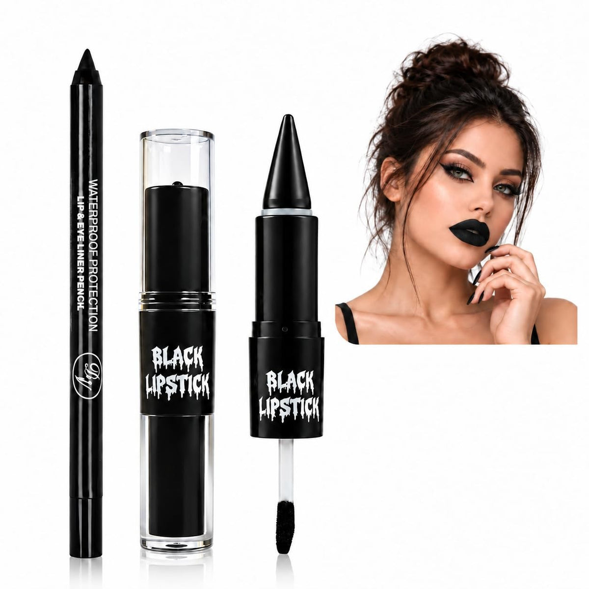 Black Liquid Lipstick & Lip Liner 2-in-1 Set - Waterproof Matte Finish