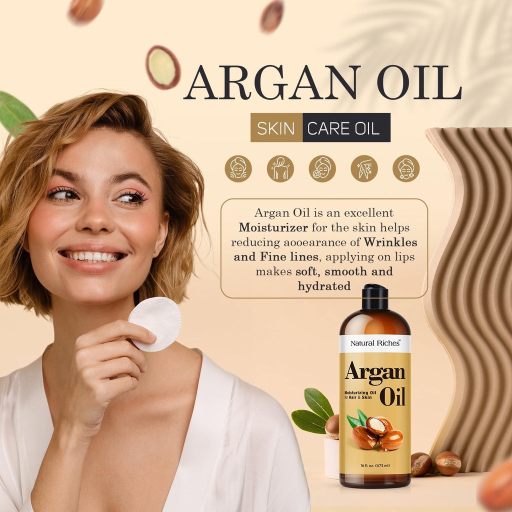 Organic Argan Oil for Hair & Skin - Deep Moisturizing 16 Fl Oz, Pack of 1