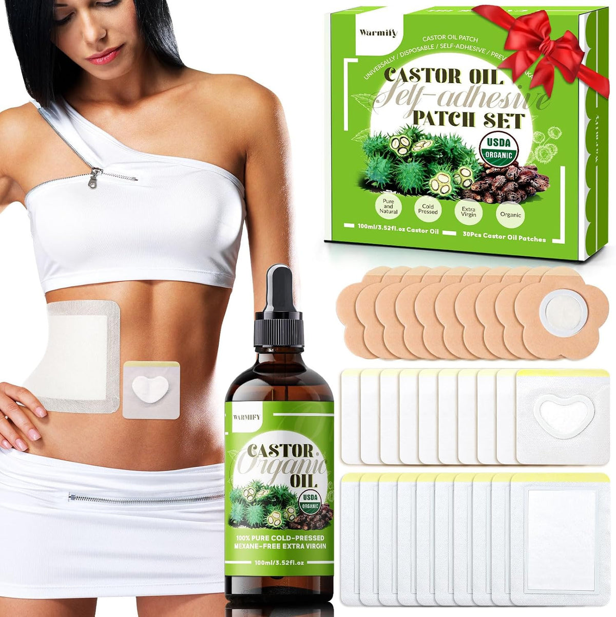 Castor Oil Patches Kit with Organic Cold-Pressed Castor Oil - Multiple Sizes