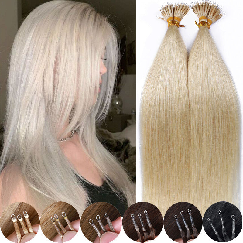 Remy Human Hair Extensions Nano Ring Beads Blonde Caramel 16-24 Inches