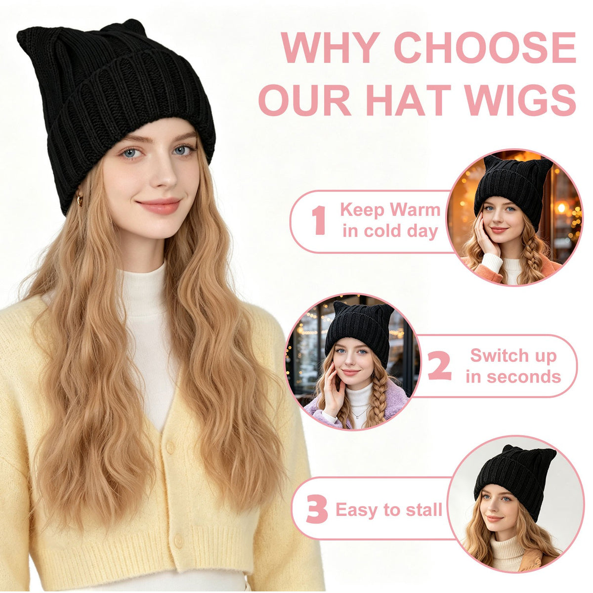 Women’s Winter Cat Ear Knit Hat Wig with Long Water Wave Synthetic Hair - All Colors