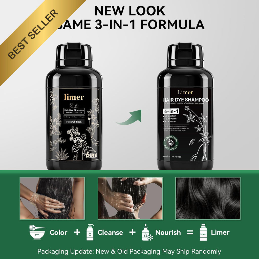 Natural Black Hair Dye Shampoo 3-in-1 Color & Conditioner for Gray Hair